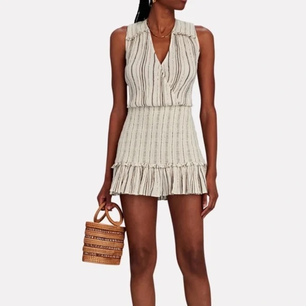 Veronica Beard Cox Mini Dress Cream Brown + Metallic Copper Striped and Smocked